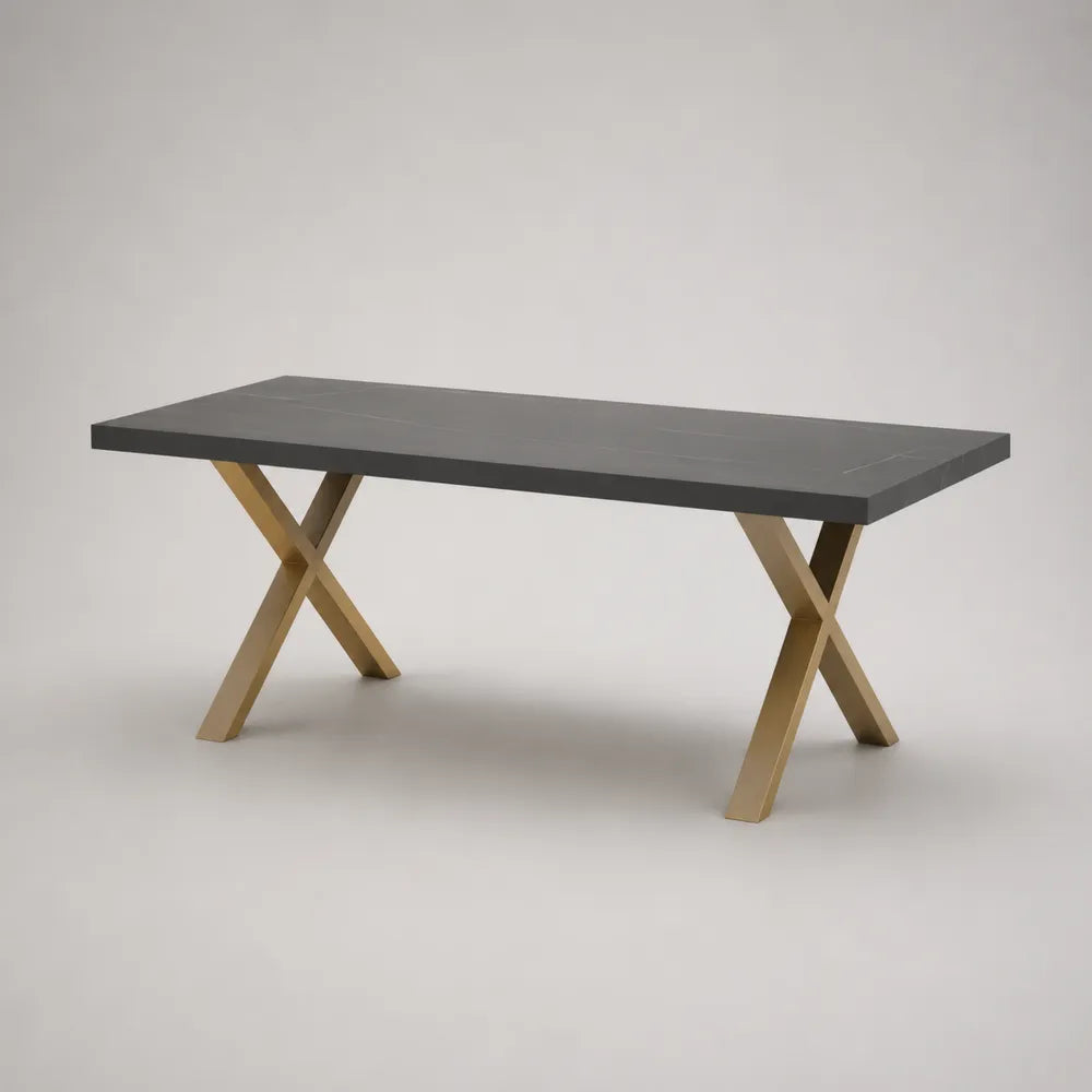 Table à manger rectangulaire plateau MDF effet pierre noire pieds en acier doré 180 cm x 90 cm x 76 cm