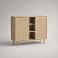 Buffet de salle à manger bois clair portes en rotin naturel niche ouverte étagères 120 cm 40 cm 80 cm