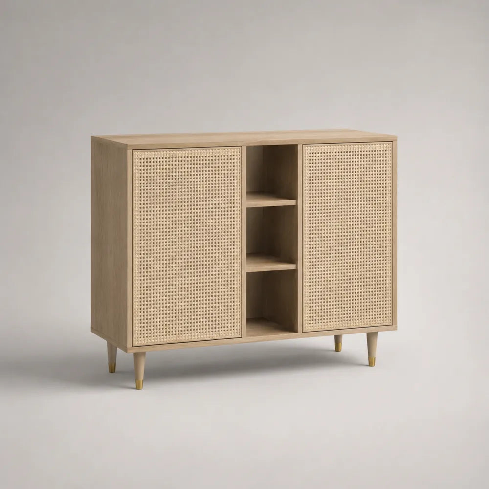 Buffet de salle à manger bois clair portes en rotin naturel niche ouverte étagères 120 cm 40 cm 80 cm