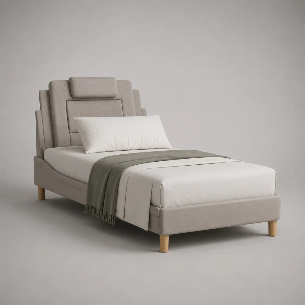 Lit simple 90 x 200 cm cadre de lit rembourré tissu polyester gris clair tête de lit capitonnée pieds en bois naturel structure rectangulaire