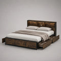 Lit avec rangement 160 x 200 cm en bois foncé et métal noir avec tiroirs latéraux et tête de lit avec étagère