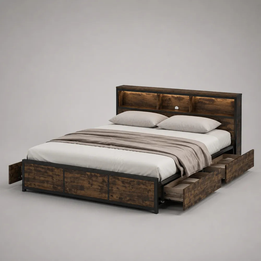 Lit avec rangement 160 x 200 cm en bois foncé et métal noir avec tiroirs latéraux et tête de lit avec étagère