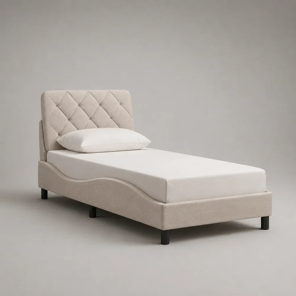 Lit simple 90 x 200 cm avec tête de lit capitonnée en tissu beige et pieds noirs cadre rembourré