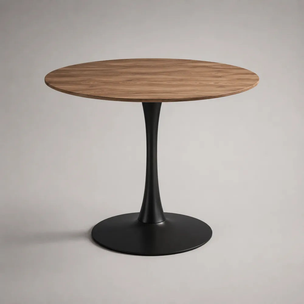 Table à manger ronde plateau bois piètement central métal noir 100 cm x 75 cm