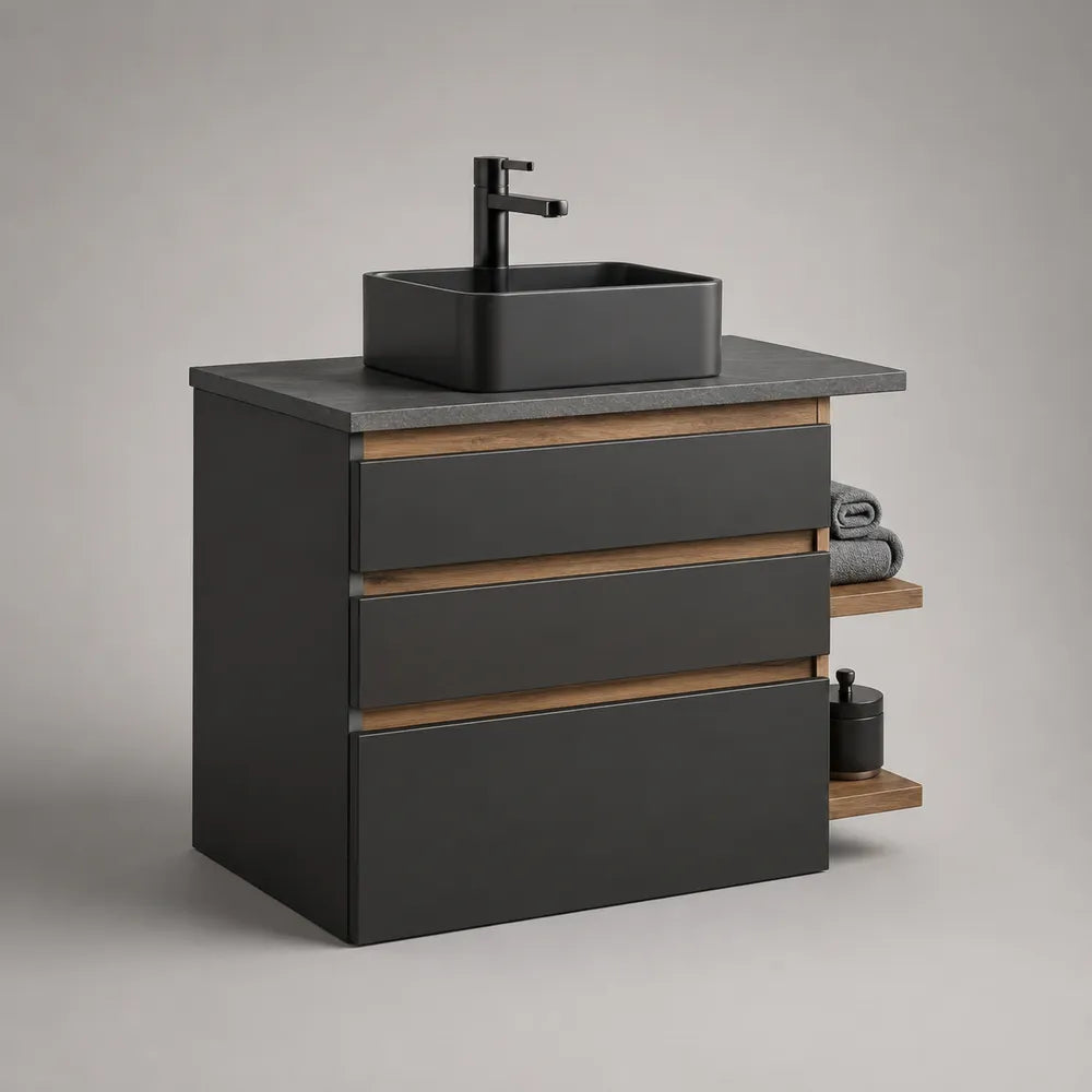 Meuble sous vasque 80 x 45 x 85 cm MDF anthracite vasque céramique noire tiroirs et étagères latérales bois naturel