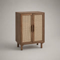 Buffet 2 portes cannage rotin naturel MDF placage noyer structure rectangulaire 80 cm L x 40 cm P x 100 cm H pieds bois massif brun naturel