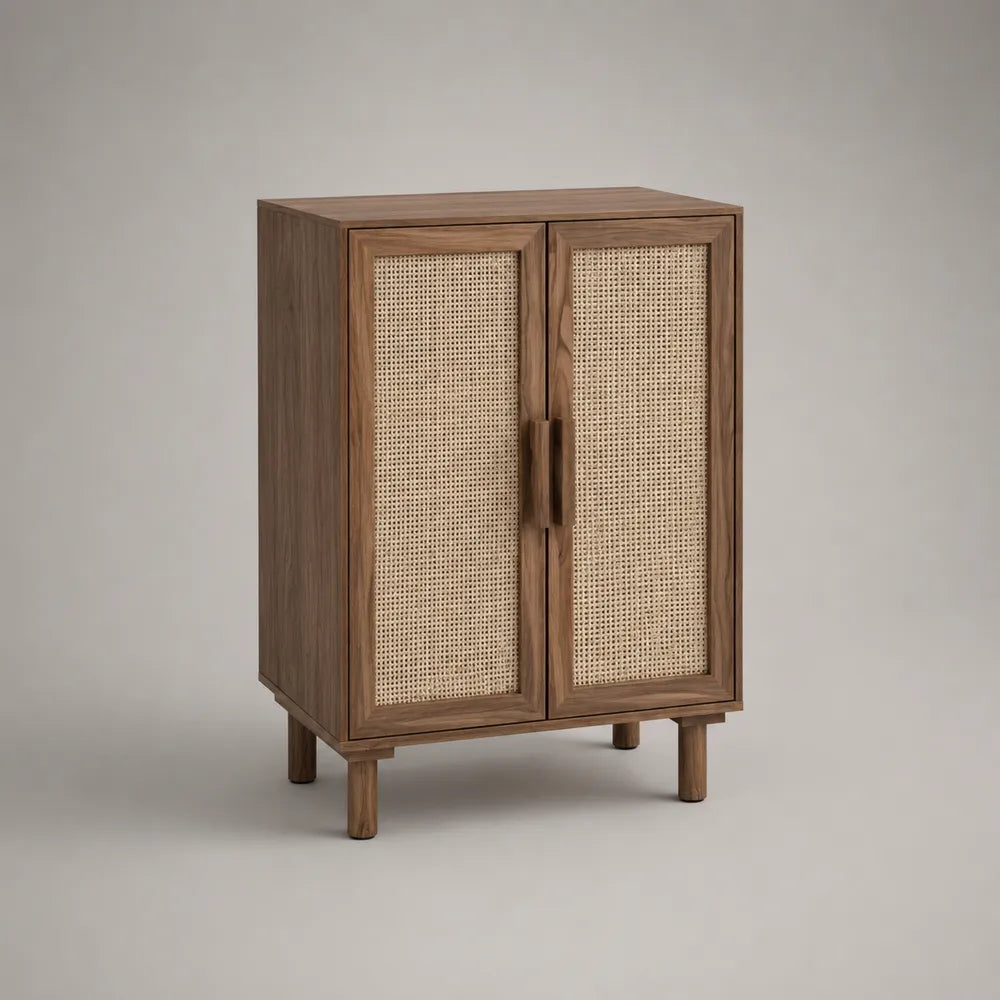 Buffet 2 portes cannage rotin naturel MDF placage noyer structure rectangulaire 80 cm L x 40 cm P x 100 cm H pieds bois massif brun naturel