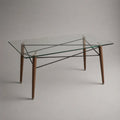 Table à manger rectangulaire plateau en verre pieds en bois et structure acier croisé noir 140 cm x 80 cm x 75 cm