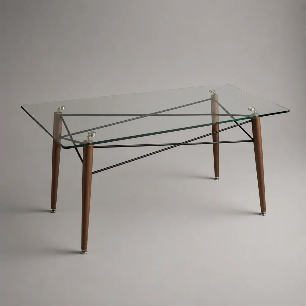 Table à manger rectangulaire plateau en verre pieds en bois et structure acier croisé noir 140 cm x 80 cm x 75 cm