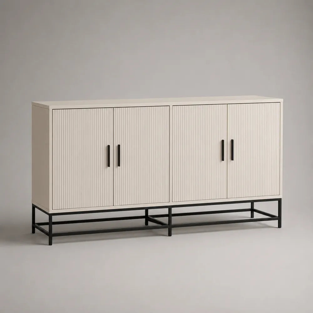 Buffet de salle à manger 4 portes MDF mélaminé strié blanc cassé structure rectangulaire pieds acier noir 160 cm L x 40 cm P x 80 cm H