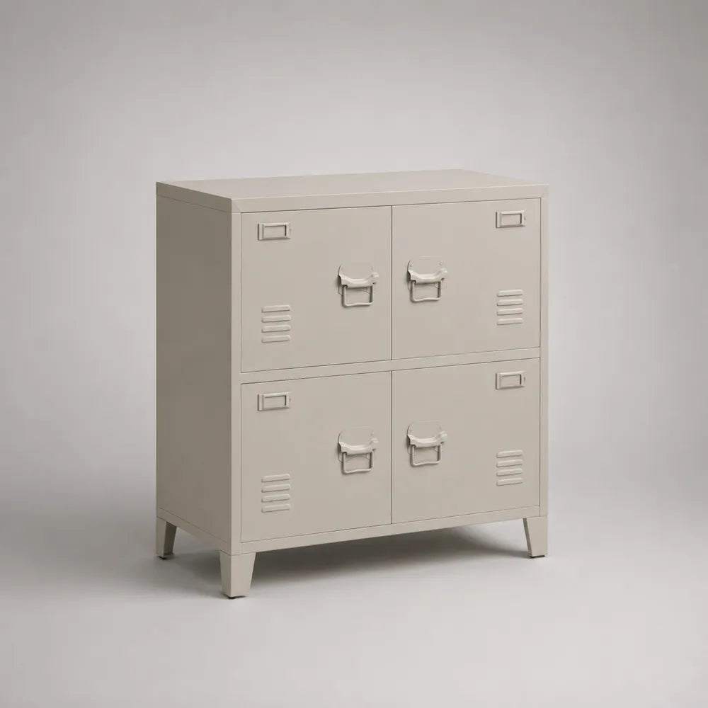 Buffet de salle à manger meuble de rangement 4 portes acier beige métal pieds inclinés 100 x 40 x 90 cm