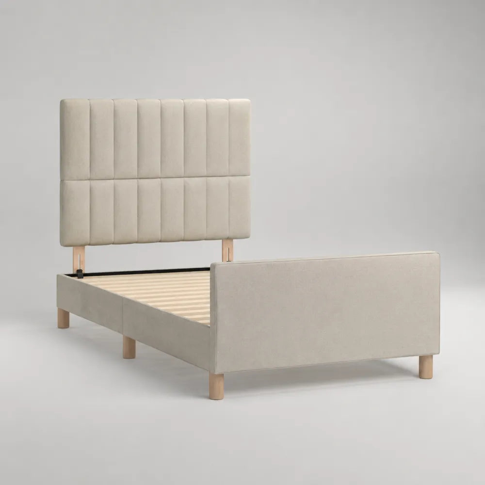 Lit 160 x 200 cm cadre de lit rembourré tissu polyester beige tête de lit capitonnée verticale structure bois et MDF rectangulaire