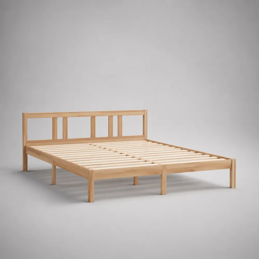 Cadre de lit double 160 x 200 cm bois naturel pin massif sommier à lattes avec tête de lit ajourée structure rectangulaire