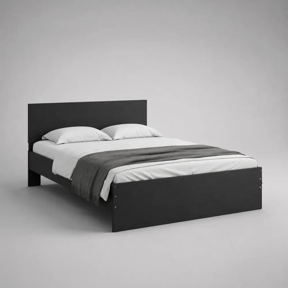 Lit double 140 x 190 cm cadre en panneaux de particules mélaminés noir tête et pied de lit pleins rectangulaire avec support sommier