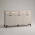 Buffet de salle à manger MDF blanc cassé 3 portes 3 tiroirs éclairage LED pieds acier noir 160 cm 40 cm 80 cm