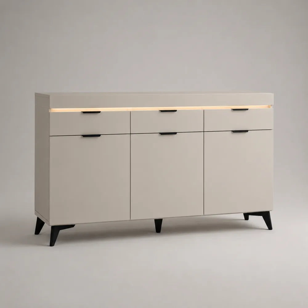 Buffet de salle à manger MDF blanc cassé 3 portes 3 tiroirs éclairage LED pieds acier noir 160 cm 40 cm 80 cm