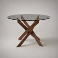 Table à manger ronde plateau verre trempé transparent piètement croisé bois naturel diamètre 120 cm hauteur 75 cm