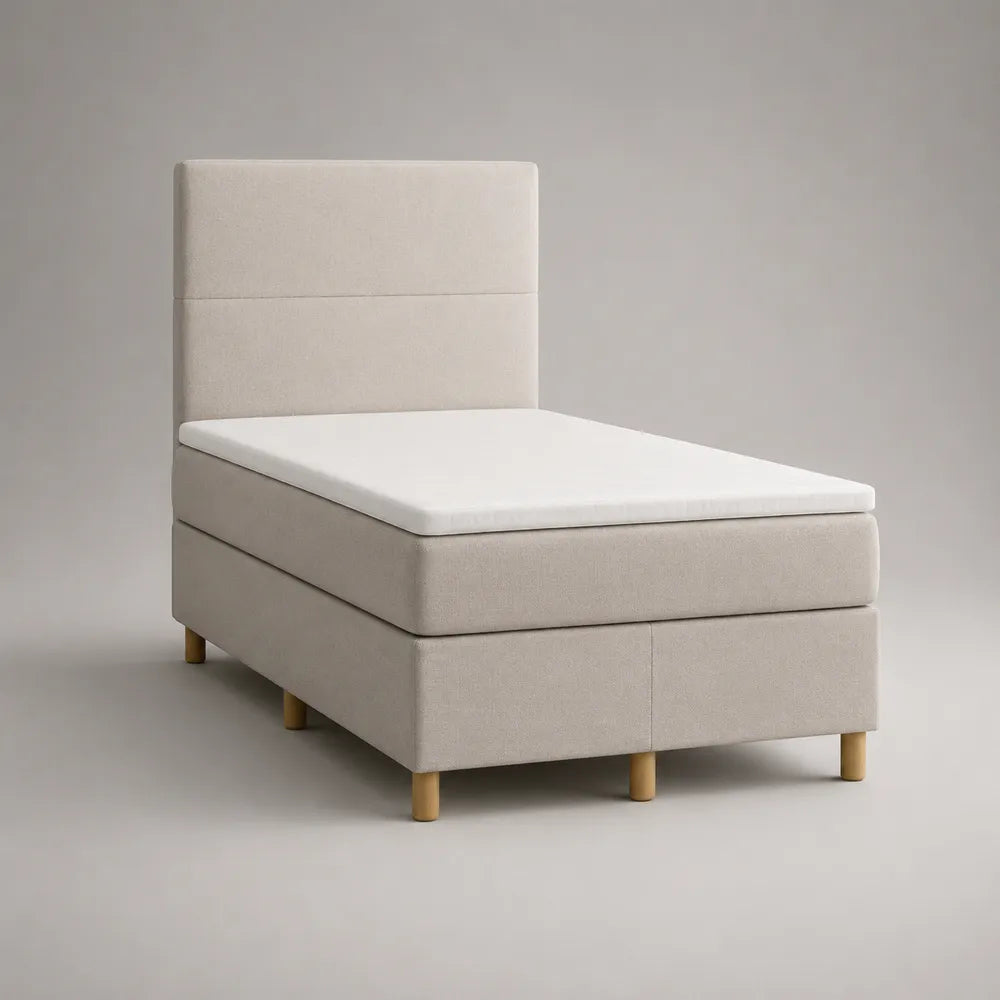 Lit simple 90 x 200 cm cadre de lit rembourré polyester beige tête de lit rectangulaire pieds en bois naturel 104 x 210 x 118 cm