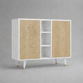 Buffet de salle à manger MDF blanc portes en chevron bois naturel 2 portes niche ouverte étagères 120 cm 40 cm 80 cm