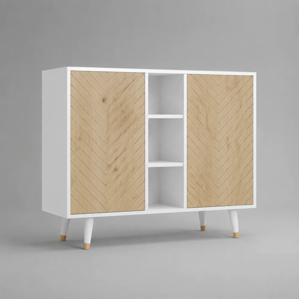 Buffet de salle à manger MDF blanc portes en chevron bois naturel 2 portes niche ouverte étagères 120 cm 40 cm 80 cm