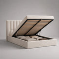Lit coffre relevable 160 x 200 cm tissu polyester beige structure MDF et acier sommier à lattes avec rangement intégré rectangulaire