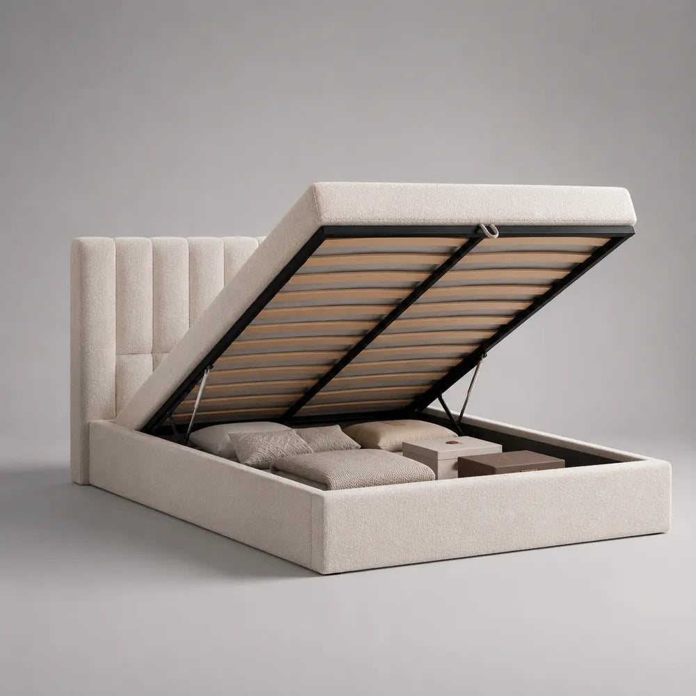 Lit coffre relevable 160 x 200 cm tissu polyester beige structure MDF et acier sommier à lattes avec rangement intégré rectangulaire
