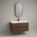 Meuble sous vasque suspendu 80 x 45 x 50 cm bois noyer anthracite vasque céramique blanche miroir ovale cadre métal noir