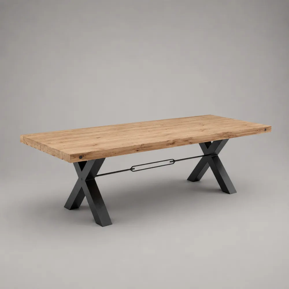 Table à manger rectangulaire plateau bois effet chêne pieds en acier croisés noir 180 cm x 90 cm x 75 cm