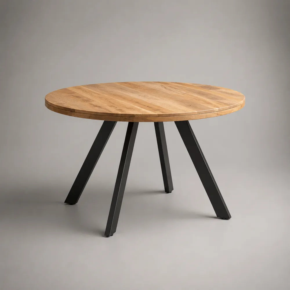 Table à manger ronde plateau bois massif chêne naturel pieds en acier noir 120 cm hauteur 75 cm